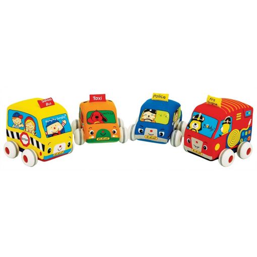 Soft pull-back vehicle set with buses taxis police and fire vehicles