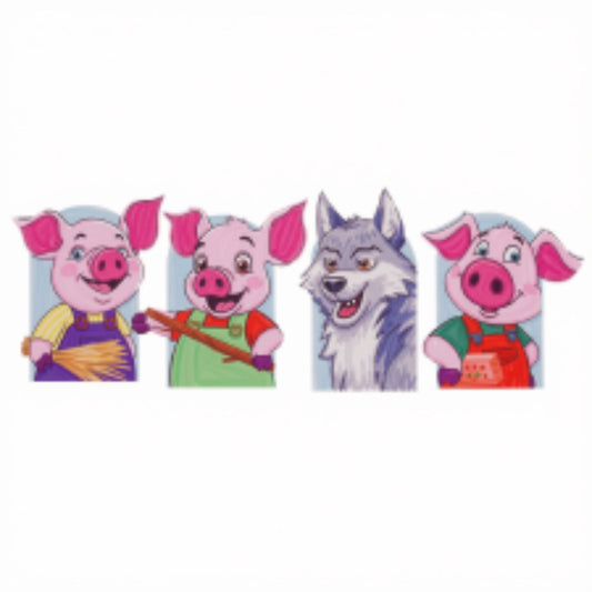 Three Little Pigs printed story finger puppets four-piece set for children.