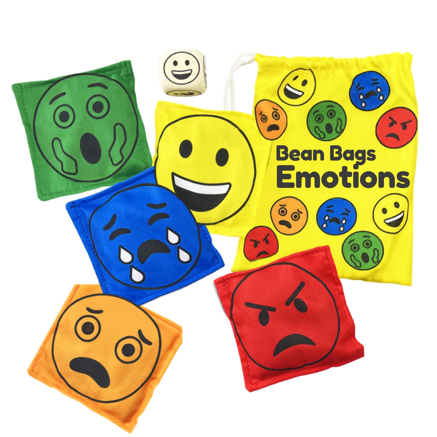 Educational emotions bean bags with different facial expressions for teaching children emotional awareness and social-emotional learning.