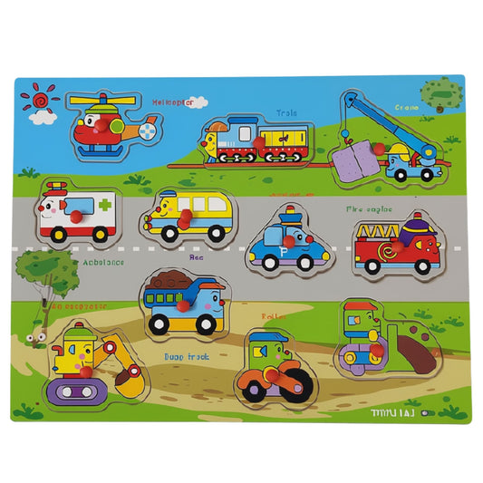 Transport button puzzle for kids measuring 30 × 22 cm