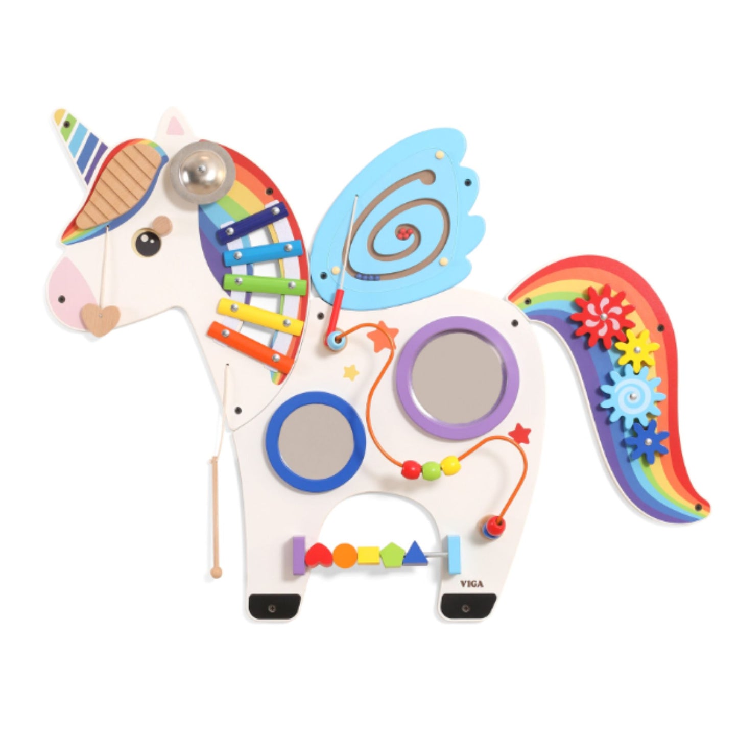This large unicorn-shaped activity board combines several different play experiences into one wall.