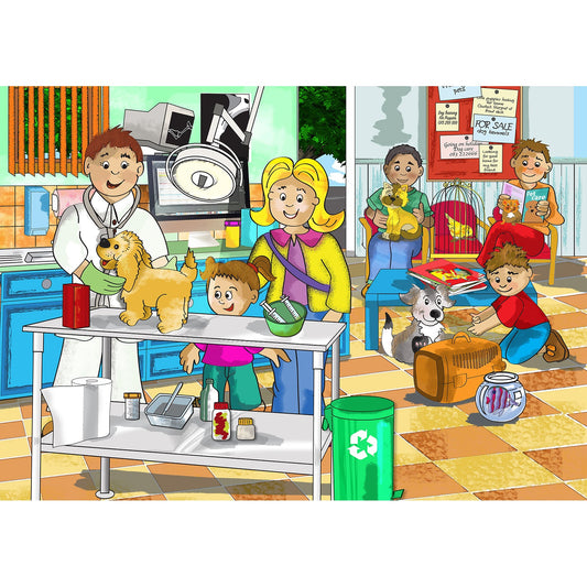 Veterinarian examining a dog in a 48-piece wooden puzzle