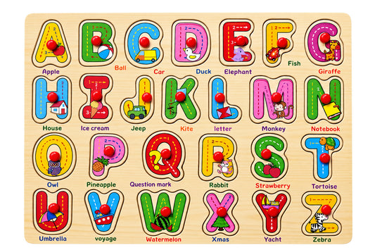 Wooden alphabet knob puzzle with colourful capital letters A to Z, pictures and red handles for children