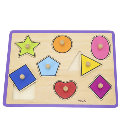 Wooden flat knob shapes puzzle with 8 colourful shape pieces for toddlers and preschool children learning shape recognition.