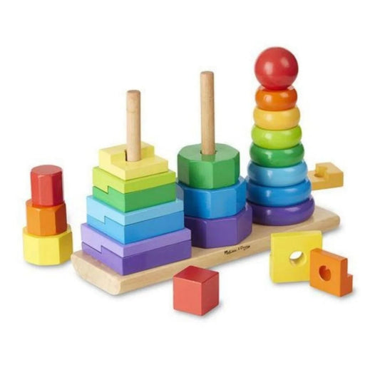 Sort, stack and compare shapes with a colourful 25-piece wooden geometric stacker. Rings, octagons and rectangles fit onto three rods, encouraging toddlers to experiment with size, colour and spatial relationships.