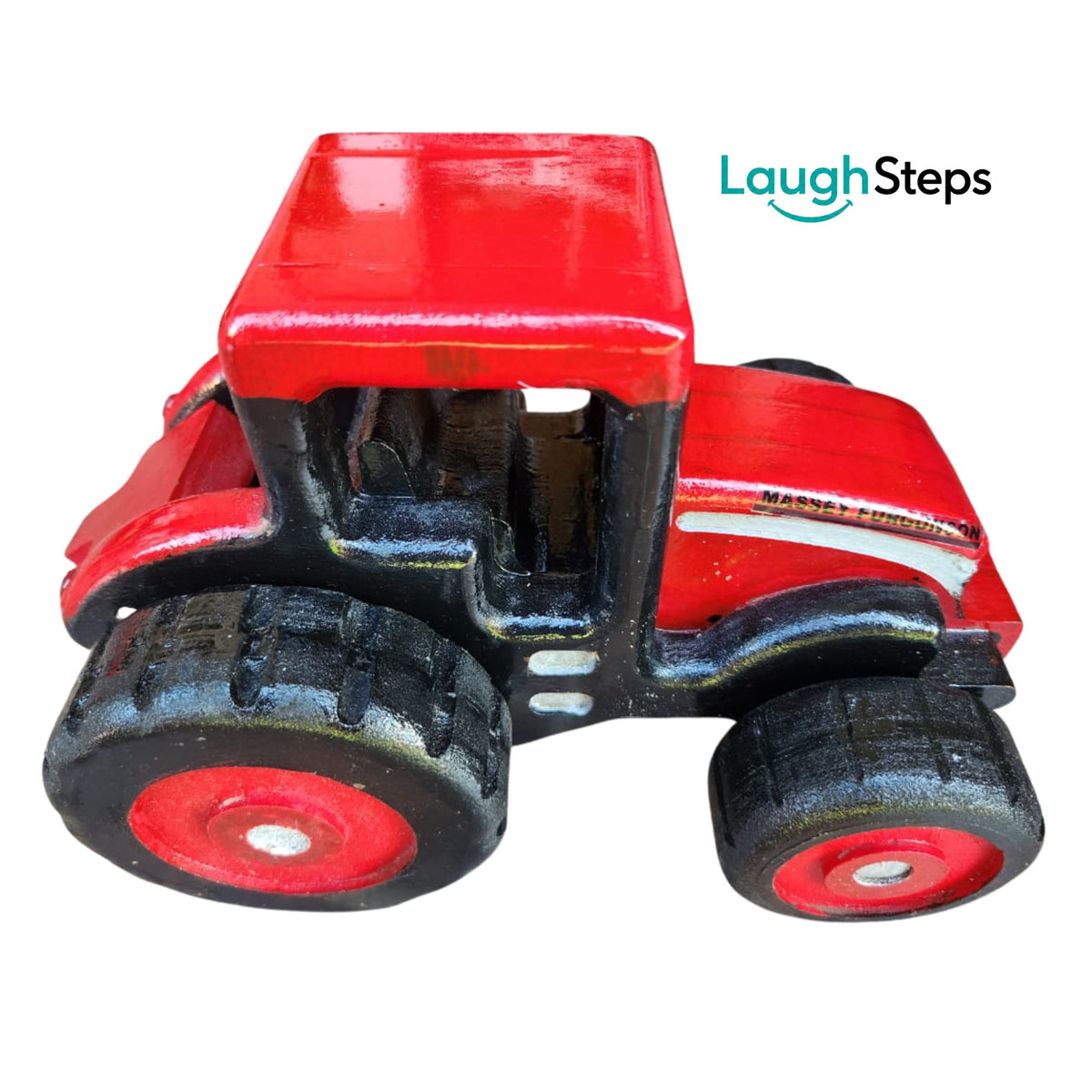 Handmade Wooden Tractor, in the iconic Massey Ferguson red. Designed for little farmers and vehicle enthusiasts, it encourages children to imagine ploughing fields, checking crops etc.