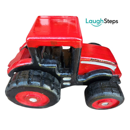 Handmade Wooden Tractor, in the iconic Massey Ferguson red. Designed for little farmers and vehicle enthusiasts, it encourages children to imagine ploughing fields, checking crops etc.
